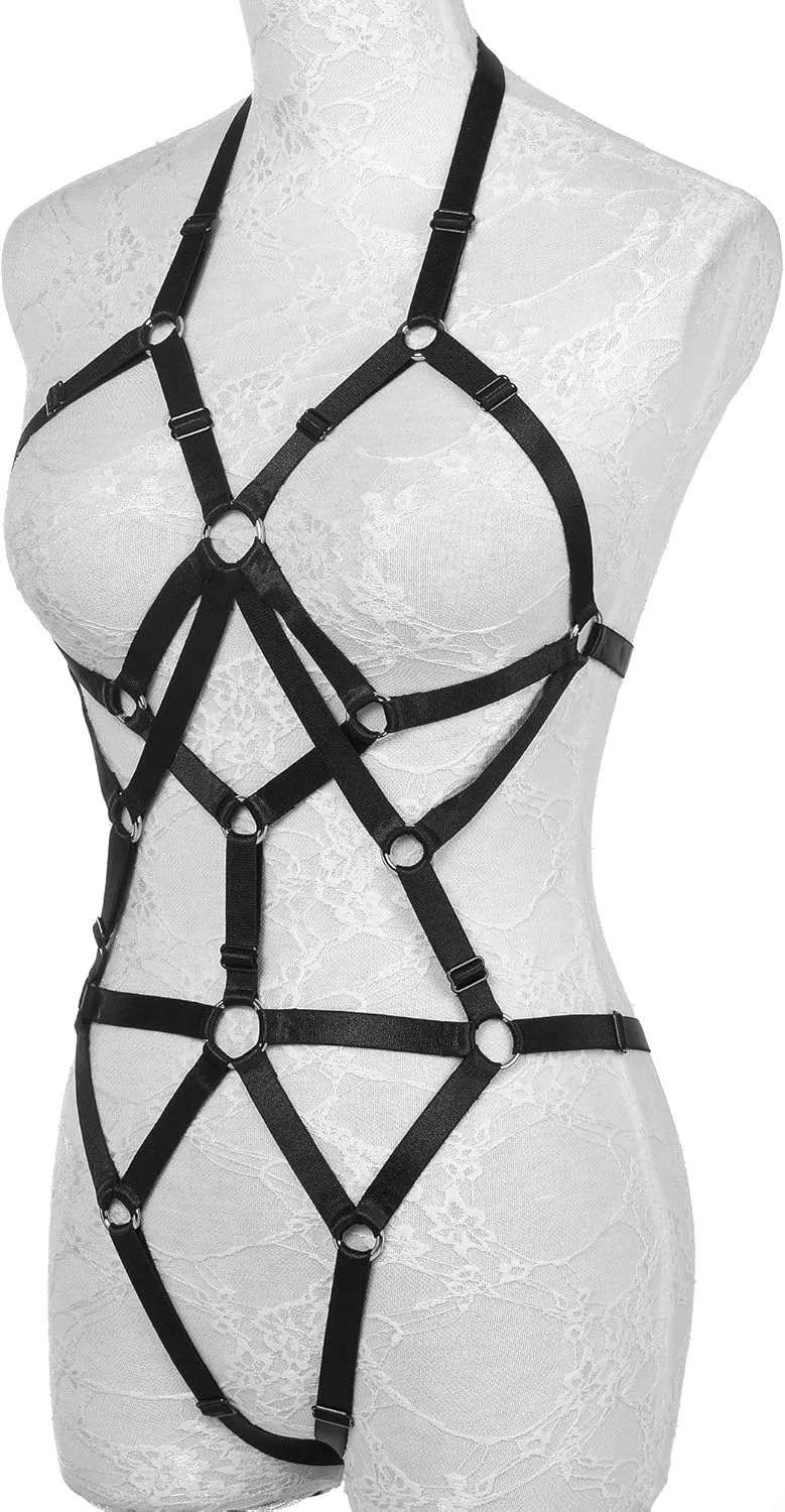 Women Body Harness Bra Set: Strappy Lingerie Set, Adjustable Cupless Cage Bra,Eastic Punk Gothic Strap Harness Belt