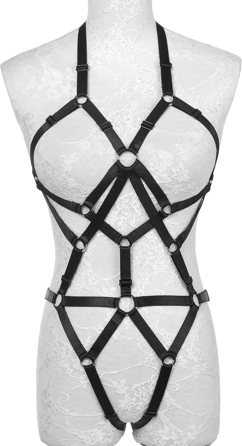 Women Body Harness Bra Set: Strappy Lingerie Set, Adjustable Cupless Cage Bra,Eastic Punk Gothic Strap Harness Belt