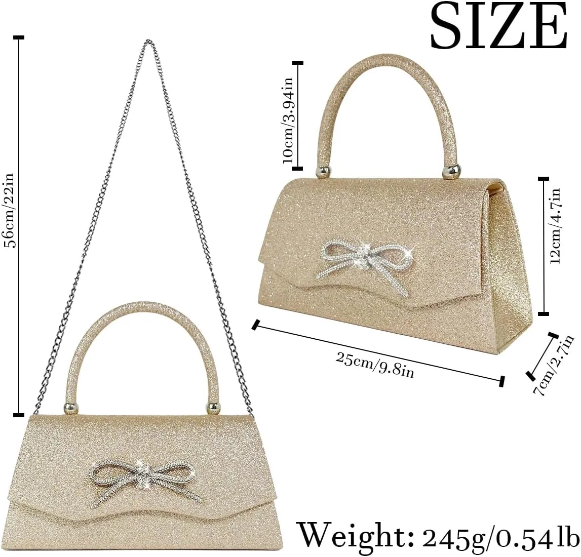 Women Clutch Purse with Glitter Sparkly Bow Detachable Chain for Wedding Cocktail Party Evening Handbags