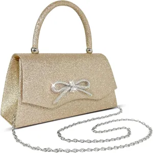 Women Clutch Purse with Glitter Sparkly Bow Detachable Chain for Wedding Cocktail Party Evening Handbags