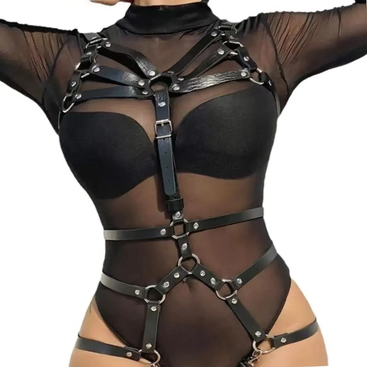 Women Full Body Strappy Chest Harness Cage Faux Leather Bondage Body Adjustable Belt Sexy Punk Strapless Strap Gothic Lingerie Garter Belts for Rave Party