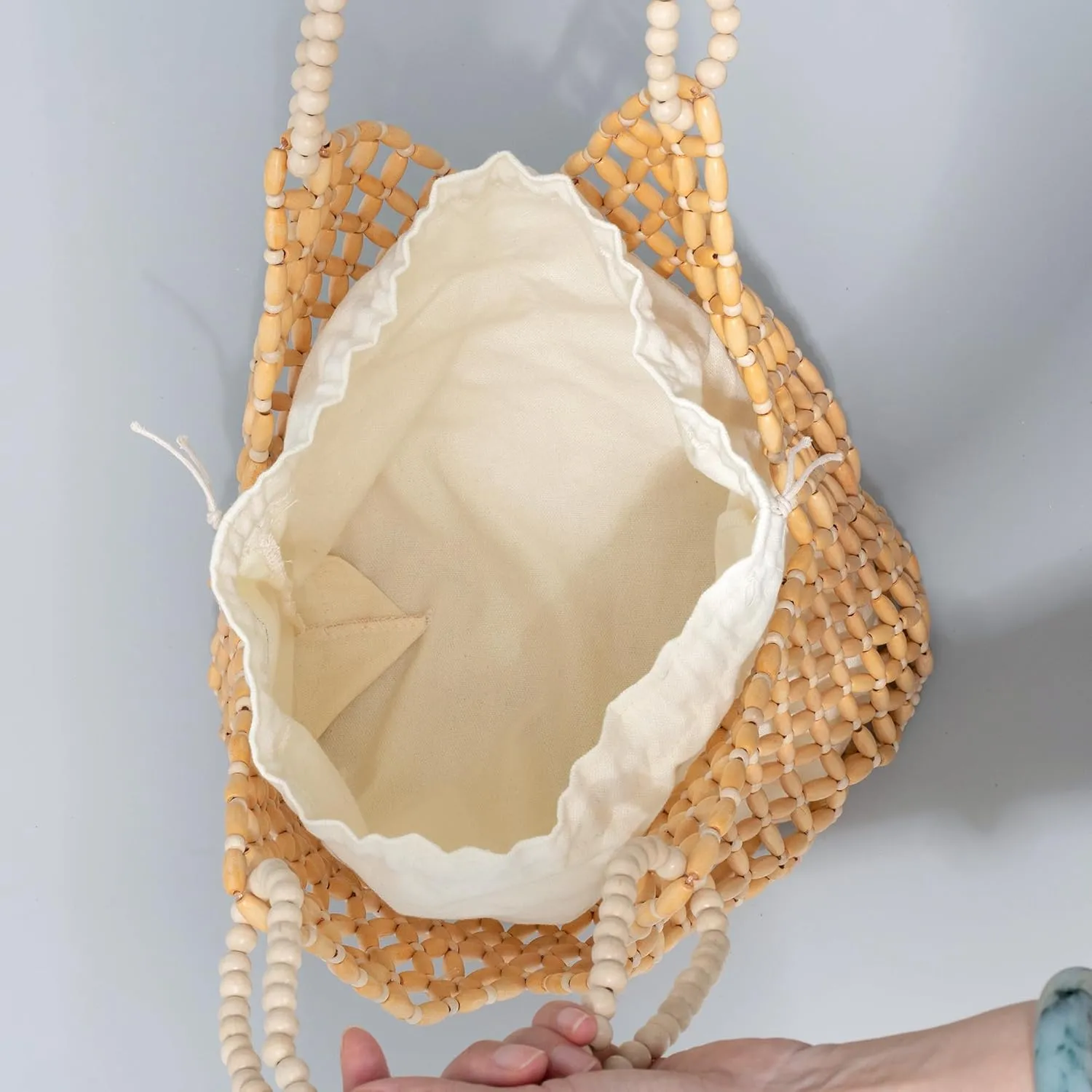Women Girls Retro Wood Beaded Handbag Ladies Natural Handmade Drawstring Bucket Shoulder Bags Party Beach Vacation Tote Purse