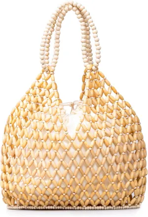 Women Girls Retro Wood Beaded Handbag Ladies Natural Handmade Drawstring Bucket Shoulder Bags Party Beach Vacation Tote Purse