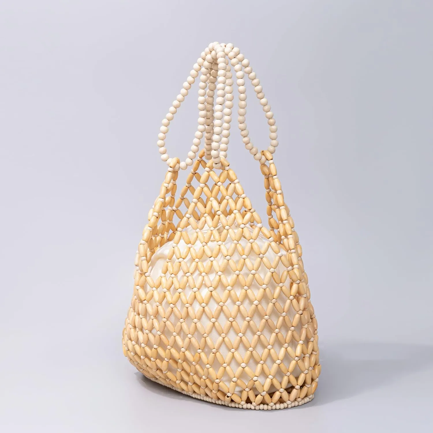 Women Girls Retro Wood Beaded Handbag Ladies Natural Handmade Drawstring Bucket Shoulder Bags Party Beach Vacation Tote Purse