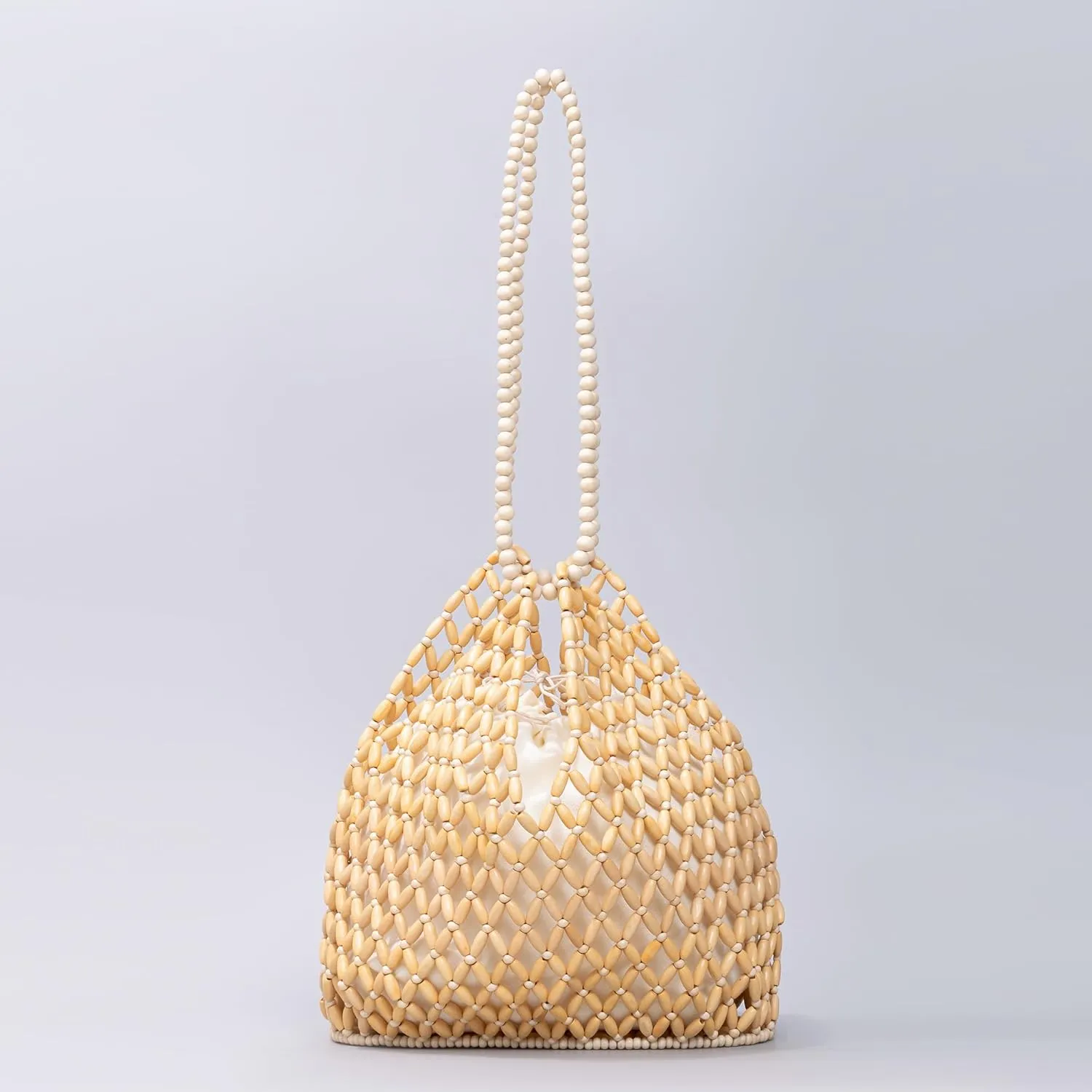 Women Girls Retro Wood Beaded Handbag Ladies Natural Handmade Drawstring Bucket Shoulder Bags Party Beach Vacation Tote Purse