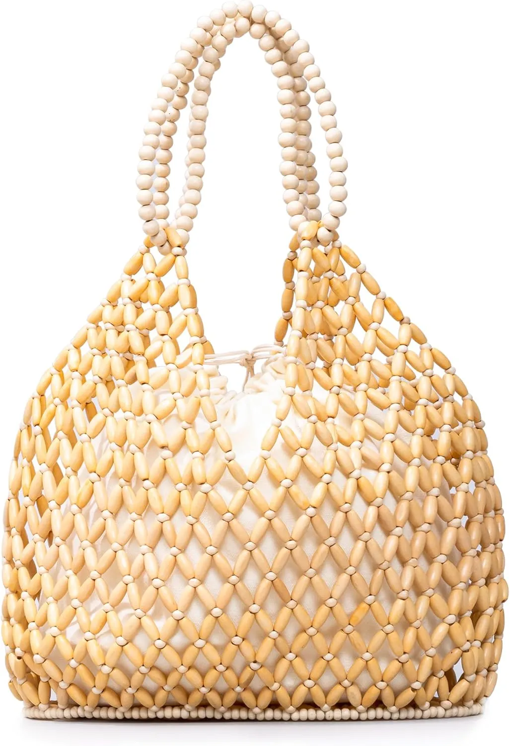 Women Girls Retro Wood Beaded Handbag Ladies Natural Handmade Drawstring Bucket Shoulder Bags Party Beach Vacation Tote Purse
