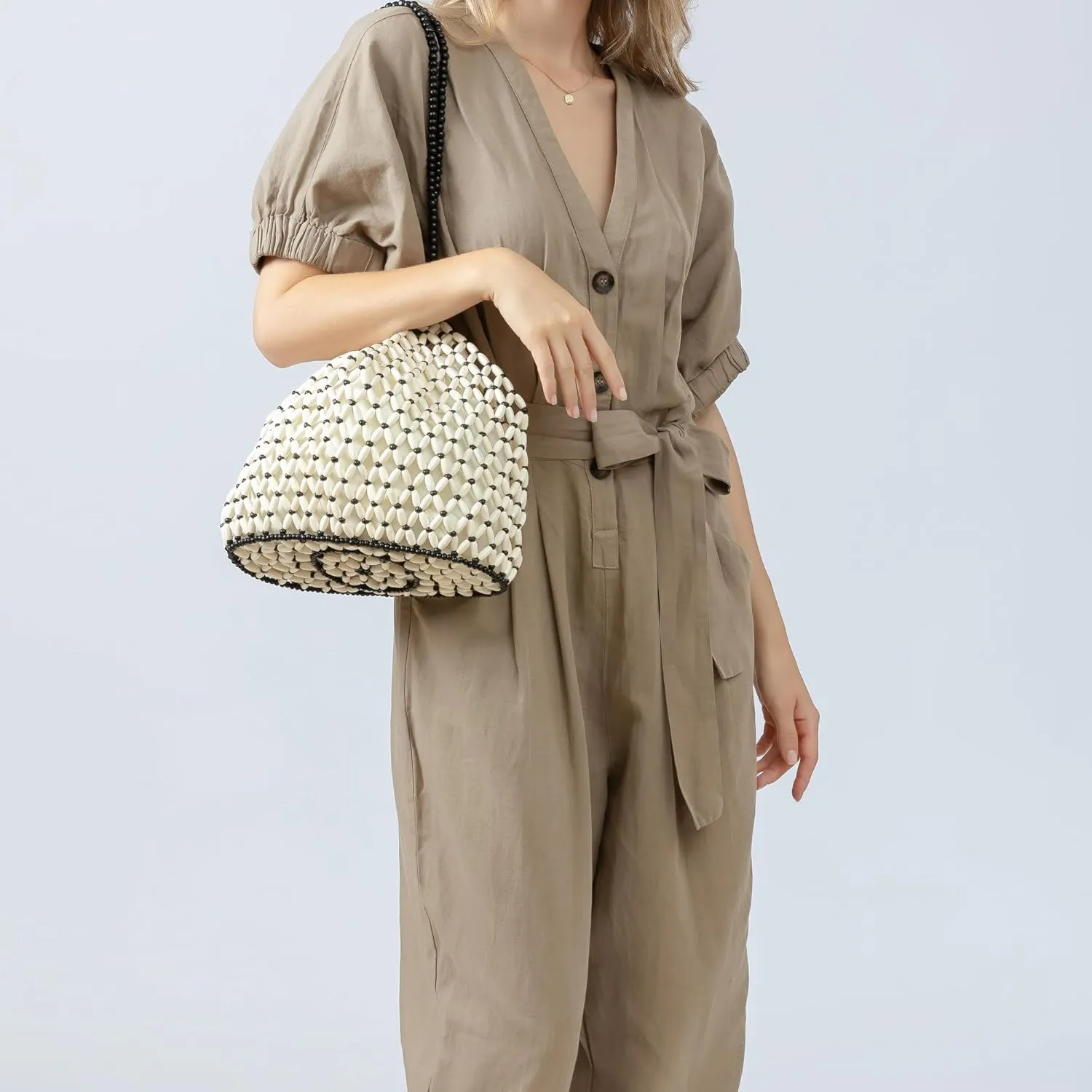Women Girls Retro Wood Beaded Handbag Ladies Natural Handmade Drawstring Bucket Shoulder Bags Party Beach Vacation Tote Purse