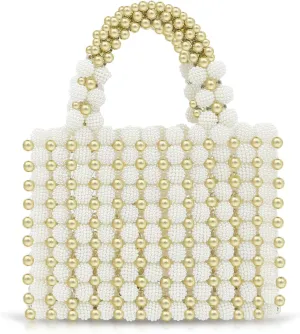Women Pearl Purse,Pearl Clutch, Evening Bags, Square Artificial Pearl Clutch, White Purse for Party Wedding Travel(Gold)