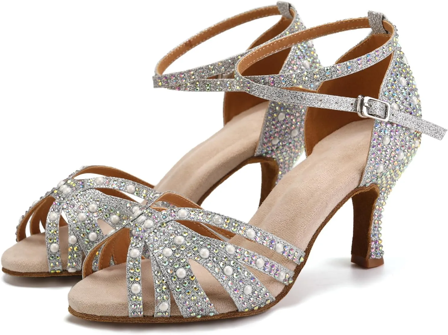 Women Rhinestones Ballroom Dance Shoes Latin Salsa Bachata Practice Performance Dancer Dancing Shoes, Model QRX-L506-7.5