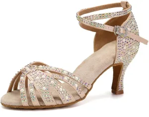 Women Rhinestones Ballroom Dance Shoes Latin Salsa Bachata Practice Performance Dancer Dancing Shoes, Model QRX-L506-7.5