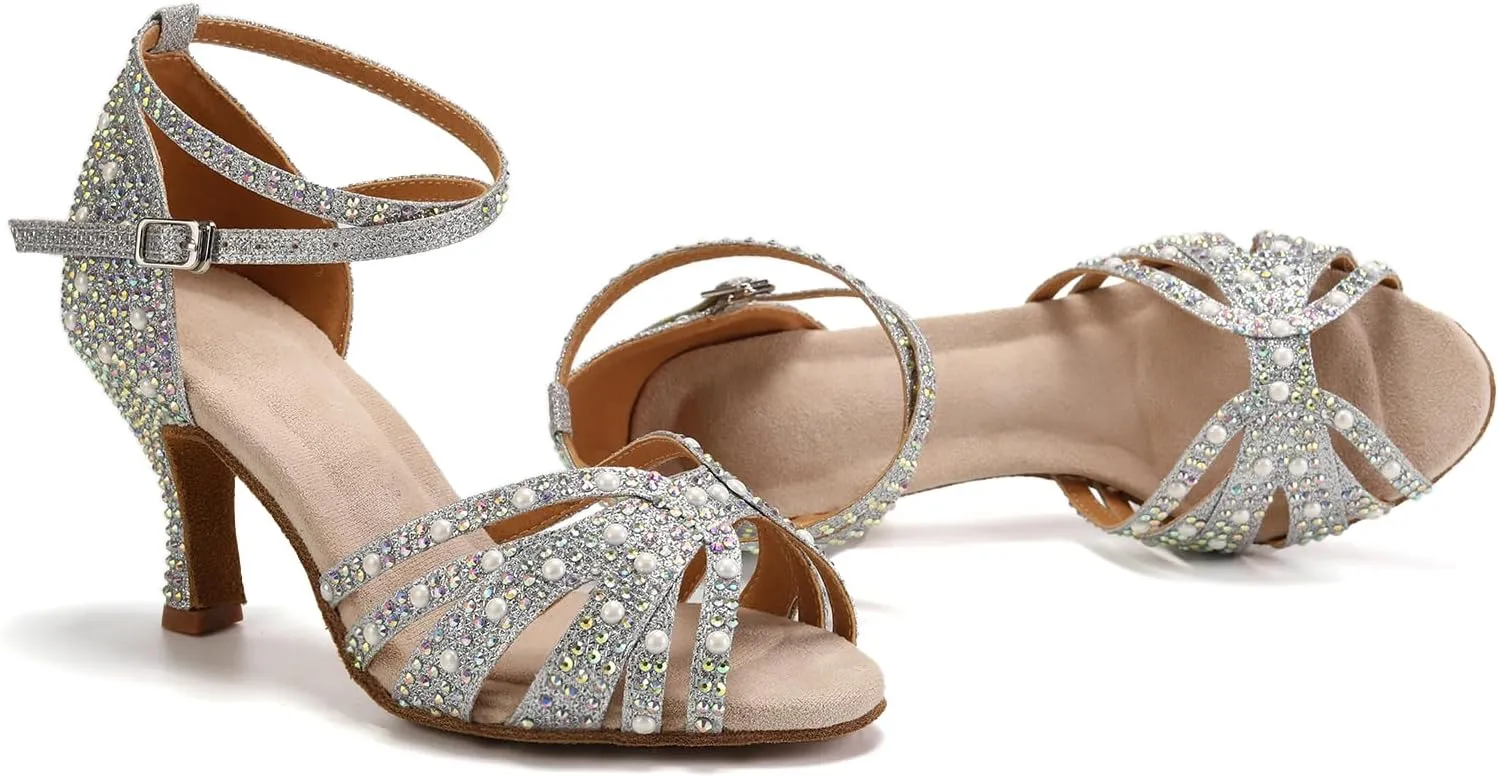 Women Rhinestones Ballroom Dance Shoes Latin Salsa Bachata Practice Performance Dancer Dancing Shoes, Model QRX-L506-7.5