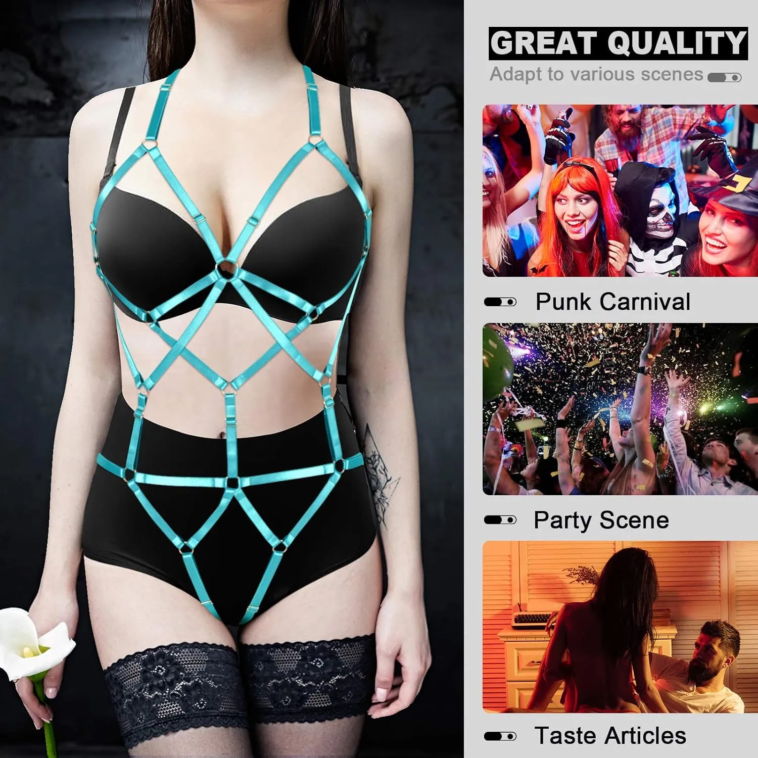 Women Strappy Full Body Harness Lingerie Garter Belt Set Plus Size Waist Hollow Crop Tops Bra Punk Gothic Festival Wear