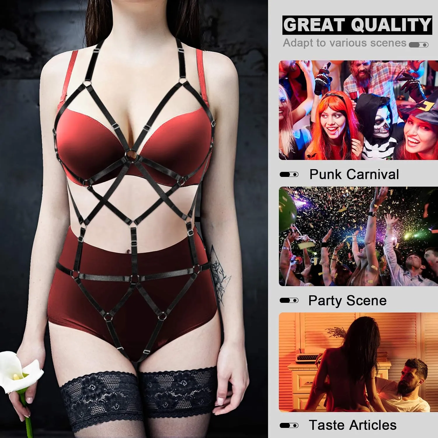 Women Strappy Full Body Harness Lingerie Garter Belt Set Plus Size Waist Hollow Crop Tops Bra Punk Gothic Festival Wear
