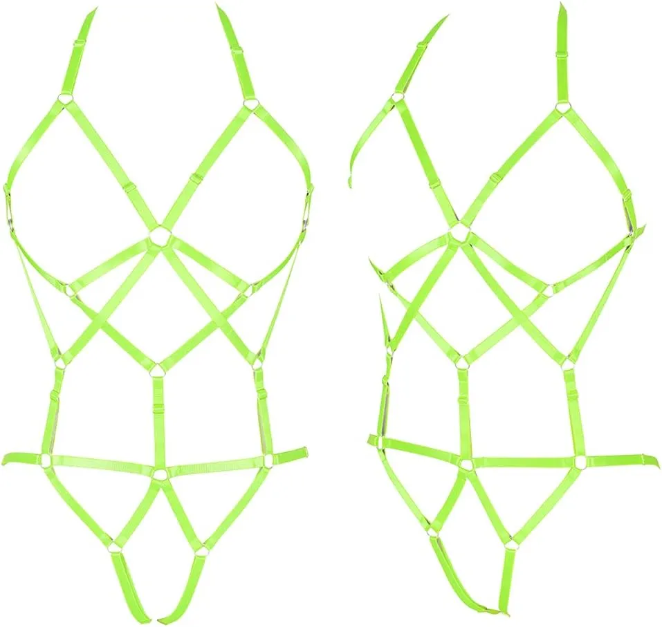 Women Strappy Full Body Harness Lingerie Garter Belt Set Plus Size Waist Hollow Crop Tops Bra Punk Gothic Festival Wear