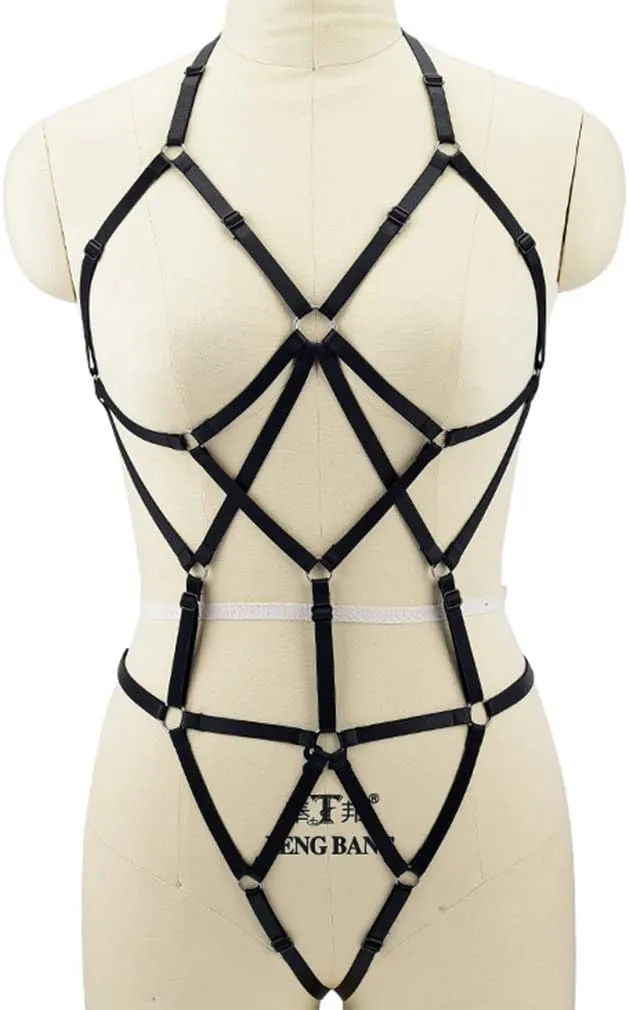 Women Strappy Full Body Harness Lingerie Garter Belt Set Plus Size Waist Hollow Crop Tops Bra Punk Gothic Festival Wear