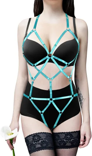 Women Strappy Full Body Harness Lingerie Garter Belt Set Plus Size Waist Hollow Crop Tops Bra Punk Gothic Festival Wear