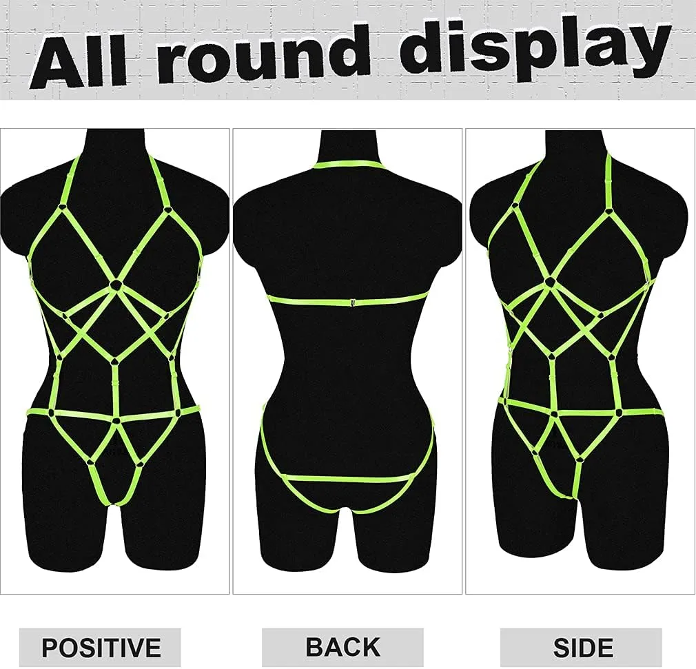 Women Strappy Full Body Harness Lingerie Garter Belt Set Plus Size Waist Hollow Crop Tops Bra Punk Gothic Festival Wear