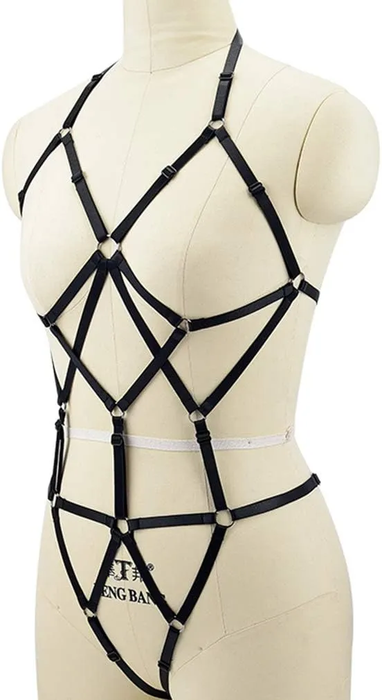 Women Strappy Full Body Harness Lingerie Garter Belt Set Plus Size Waist Hollow Crop Tops Bra Punk Gothic Festival Wear