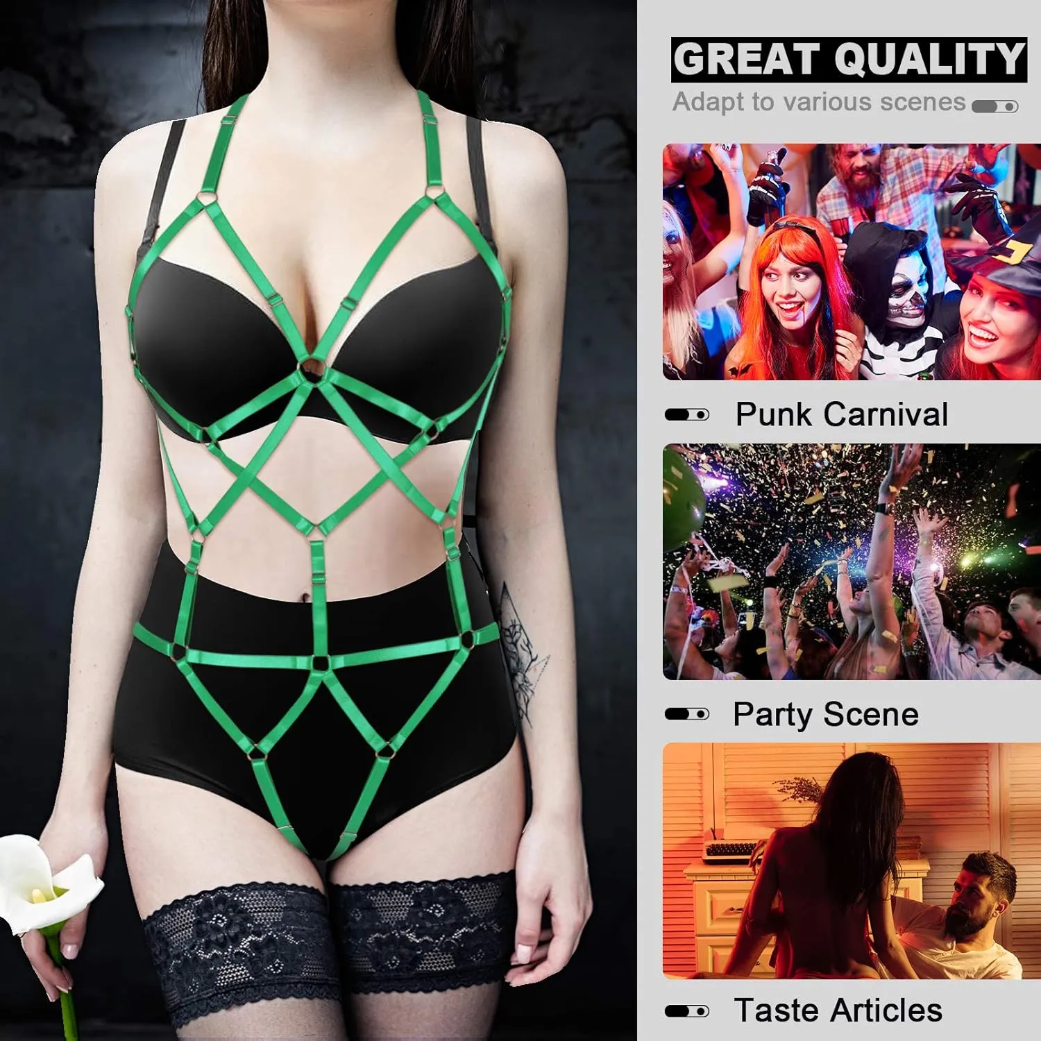 Women Strappy Full Body Harness Lingerie Garter Belt Set Plus Size Waist Hollow Crop Tops Bra Punk Gothic Festival Wear