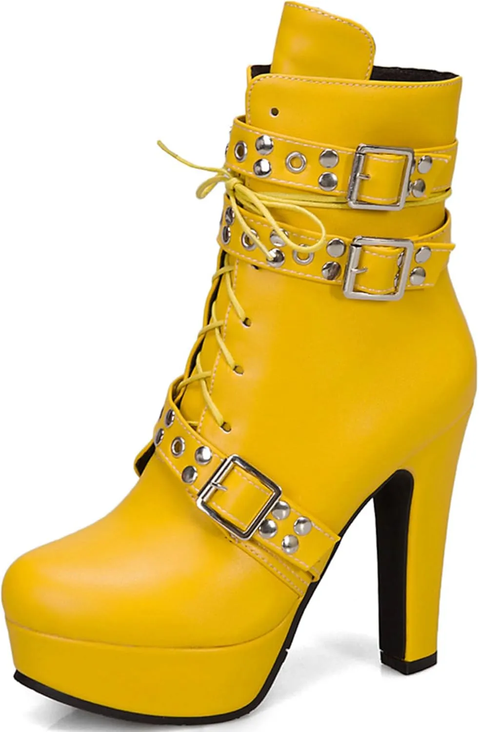 Women Studded Belt Buckle Chunky High Heel Ankle Boots Sexy Round Toe Lace-up Punk Combat Warm Platform Gothic Knight Mid Calf Booties