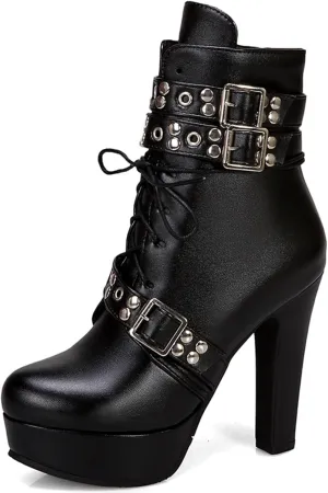 Women Studded Belt Buckle Chunky High Heel Ankle Boots Sexy Round Toe Lace-up Punk Combat Warm Platform Gothic Knight Mid Calf Booties