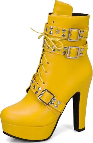 Women Studded Belt Buckle Chunky High Heel Ankle Boots Sexy Round Toe Lace-up Punk Combat Warm Platform Gothic Knight Mid Calf Booties