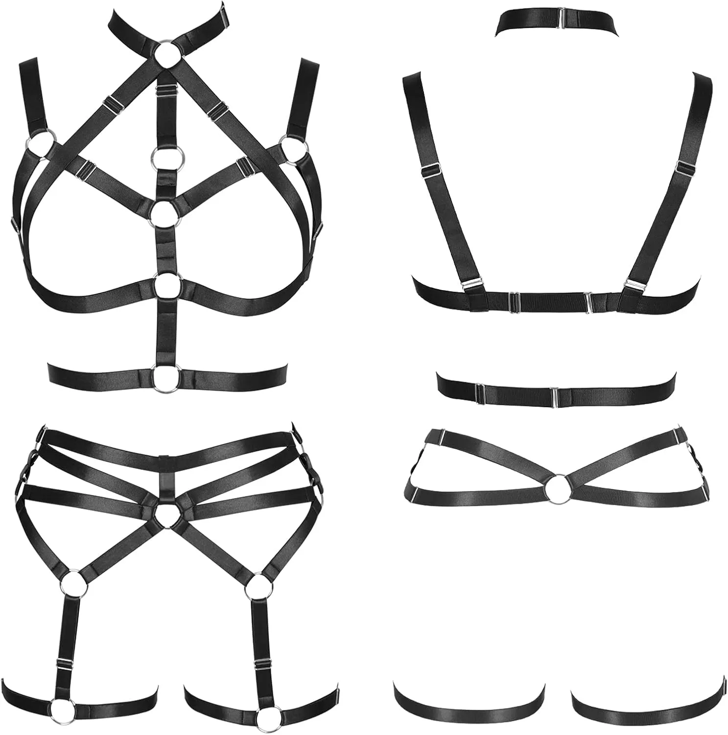Women's Body Harness Adjustable Size Punk Gothic Bra Full Cage Garter Belt Hollow Out Belt Set Halloween Festival Rave