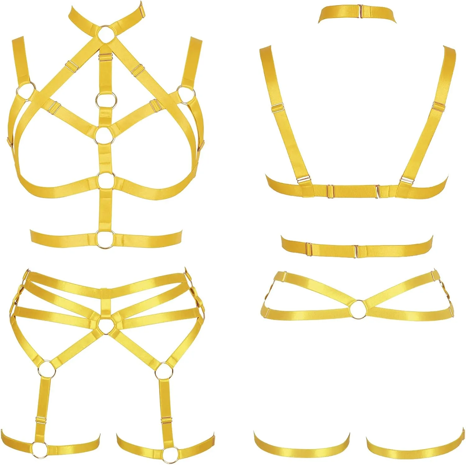 Women's Body Harness Adjustable Size Punk Gothic Bra Full Cage Garter Belt Hollow Out Belt Set Halloween Festival Rave