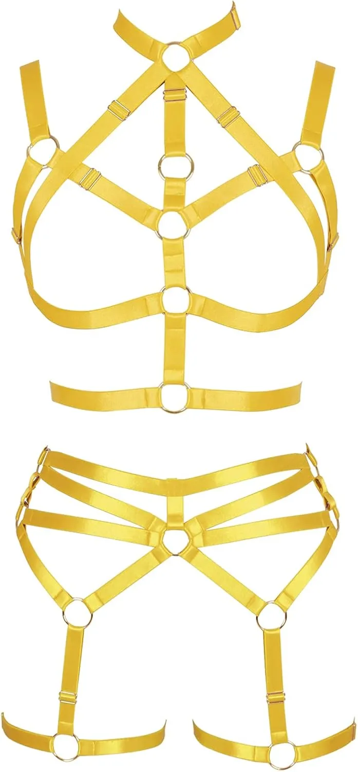 Women's Body Harness Adjustable Size Punk Gothic Bra Full Cage Garter Belt Hollow Out Belt Set Halloween Festival Rave