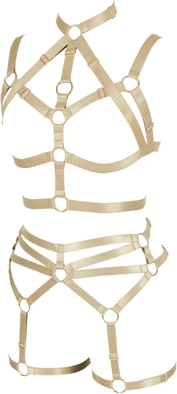 Women's Body Harness Adjustable Size Punk Gothic Bra Full Cage Garter Belt Hollow Out Belt Set Halloween Festival Rave
