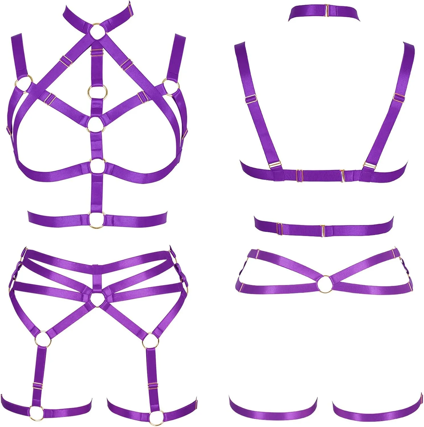 Women's Body Harness Adjustable Size Punk Gothic Bra Full Cage Garter Belt Hollow Out Belt Set Halloween Festival Rave
