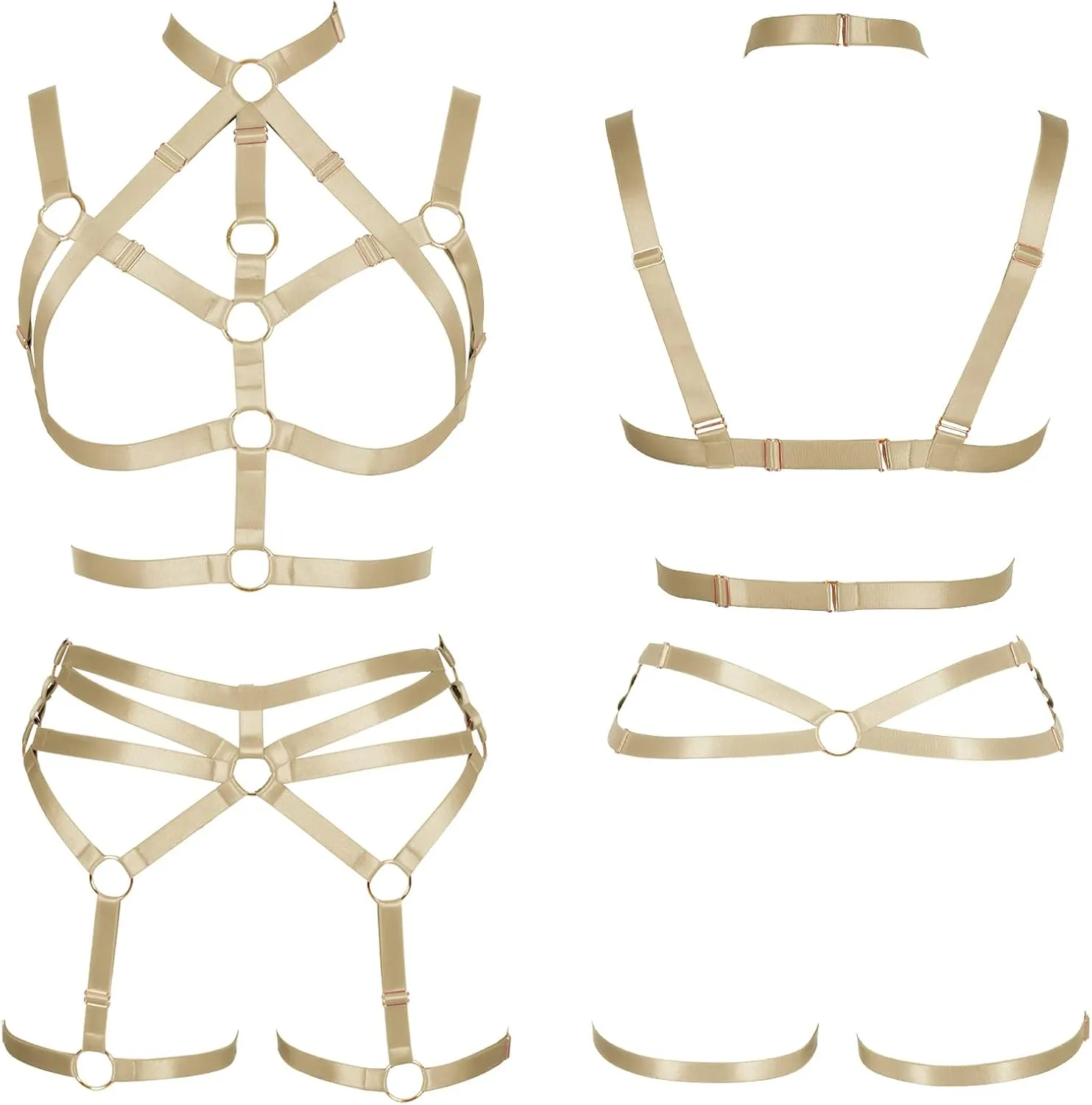 Women's Body Harness Adjustable Size Punk Gothic Bra Full Cage Garter Belt Hollow Out Belt Set Halloween Festival Rave