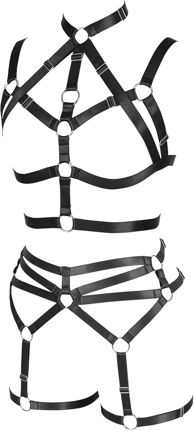 Women's Body Harness Adjustable Size Punk Gothic Bra Full Cage Garter Belt Hollow Out Belt Set Halloween Festival Rave