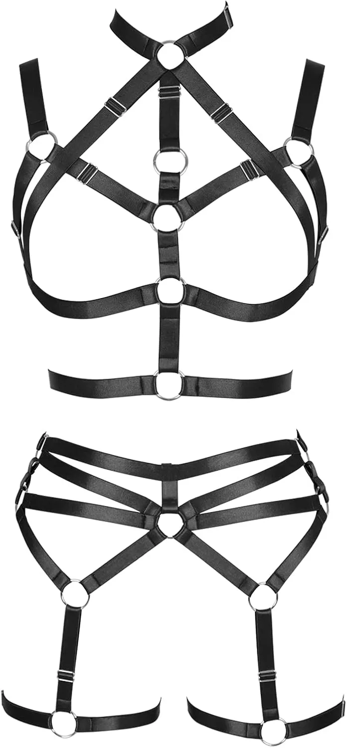 Women's Body Harness Adjustable Size Punk Gothic Bra Full Cage Garter Belt Hollow Out Belt Set Halloween Festival Rave