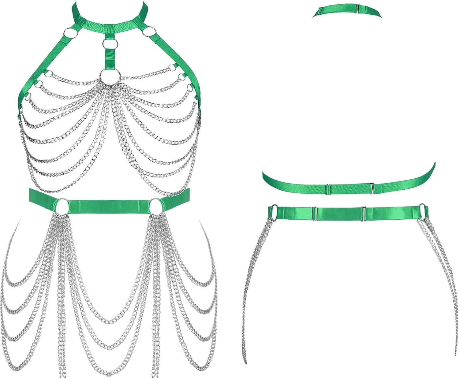 Women's Body Harness Bra Fashion Plus Size Cage Metal Chain Bra Stockings Garter Set Punk Carnival Gothic Dance Costume