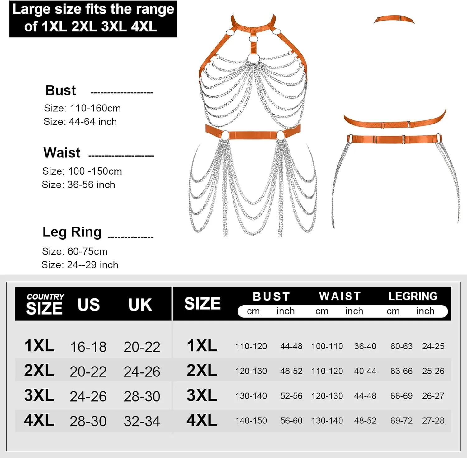 Women's Body Harness Bra Fashion Plus Size Cage Metal Chain Bra Stockings Garter Set Punk Carnival Gothic Dance Costume