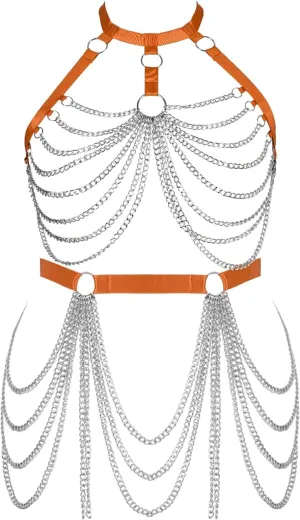 Women's Body Harness Bra Fashion Plus Size Cage Metal Chain Bra Stockings Garter Set Punk Carnival Gothic Dance Costume