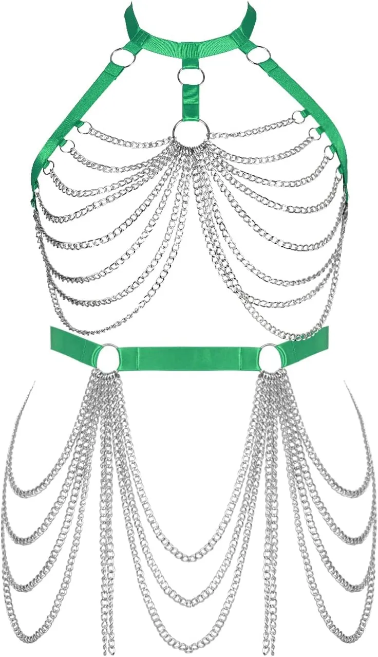 Women's Body Harness Bra Fashion Plus Size Cage Metal Chain Bra Stockings Garter Set Punk Carnival Gothic Dance Costume