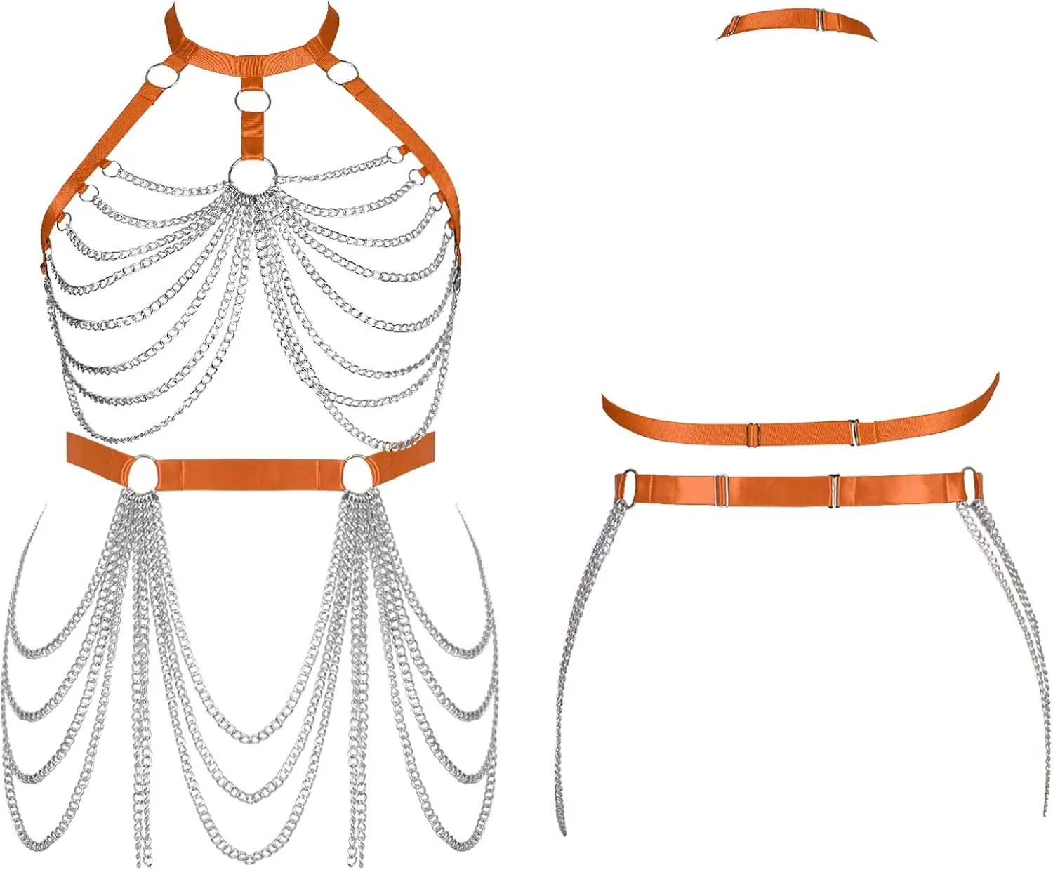 Women's Body Harness Bra Fashion Plus Size Cage Metal Chain Bra Stockings Garter Set Punk Carnival Gothic Dance Costume