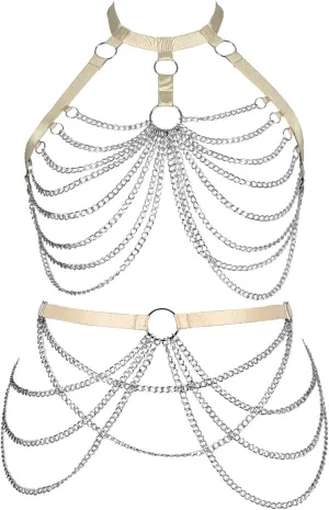 Women's Body Harness Bra Lingerie Plus Size Hollow Cage Metal Chain Bra Garter Set Carnival Punk Gothic Dance Costume