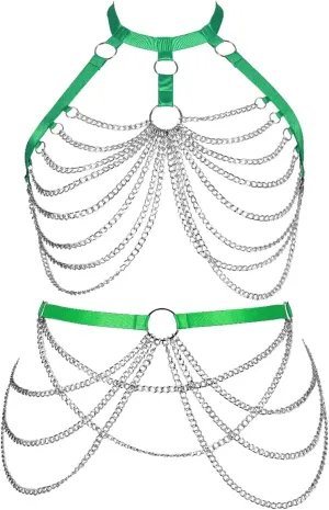 Women's Body Harness Bra Lingerie Plus Size Hollow Cage Metal Chain Bra Garter Set Carnival Punk Gothic Dance Costume