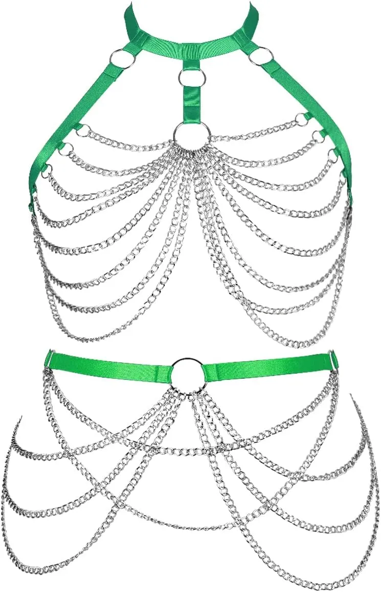 Women's Body Harness Bra Lingerie Plus Size Hollow Cage Metal Chain Bra Garter Set Carnival Punk Gothic Dance Costume
