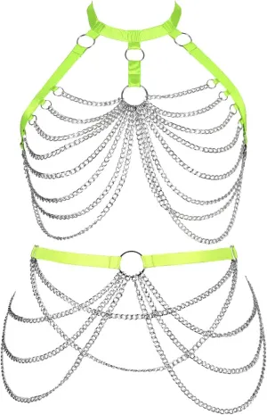 Women's Body Harness Bra Lingerie Plus Size Hollow Cage Metal Chain Bra Garter Set Carnival Punk Gothic Dance Costume