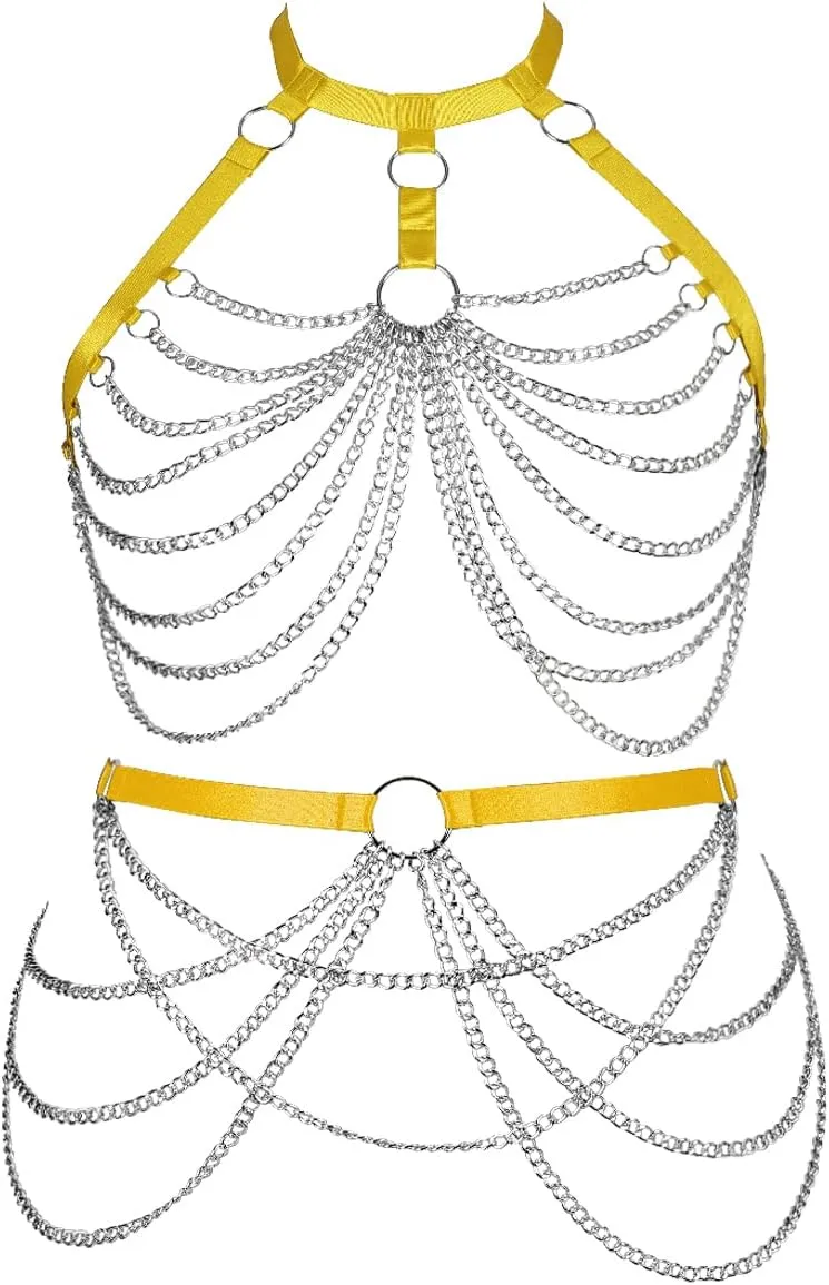 Women's Body Harness Bra Lingerie Plus Size Hollow Cage Metal Chain Bra Garter Set Carnival Punk Gothic Dance Costume