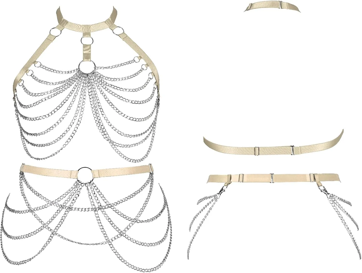 Women's Body Harness Bra Lingerie Plus Size Hollow Cage Metal Chain Bra Garter Set Carnival Punk Gothic Dance Costume