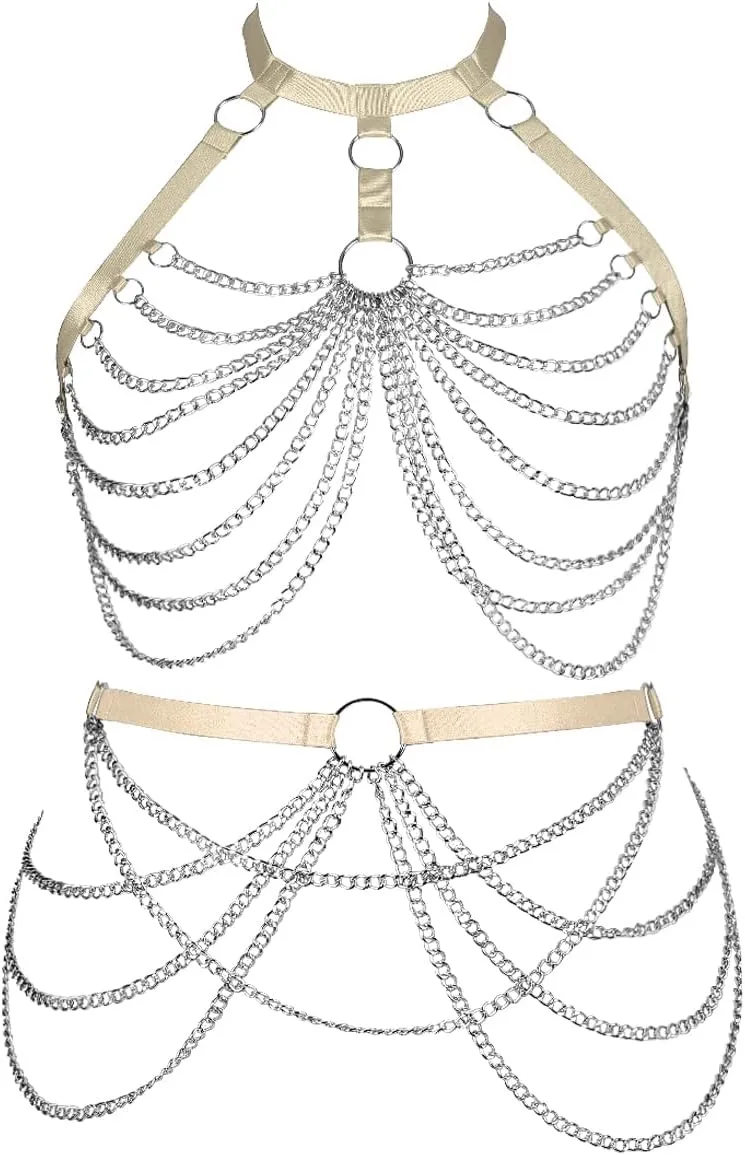 Women's Body Harness Bra Lingerie Plus Size Hollow Cage Metal Chain Bra Garter Set Carnival Punk Gothic Dance Costume