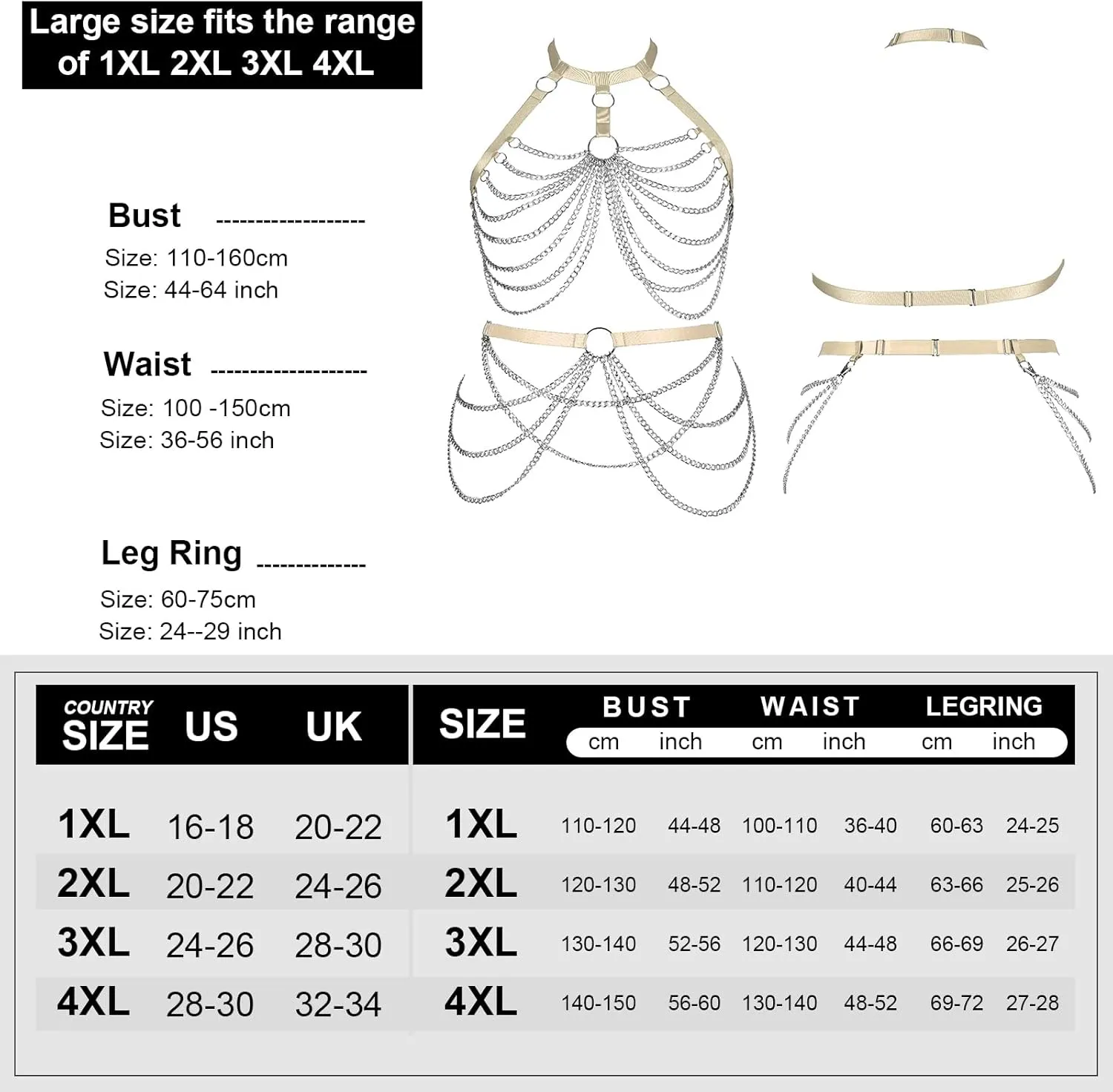 Women's Body Harness Bra Lingerie Plus Size Hollow Cage Metal Chain Bra Garter Set Carnival Punk Gothic Dance Costume