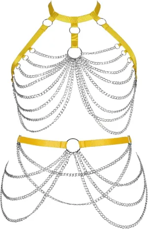 Women's Body Harness Bra Lingerie Plus Size Hollow Cage Metal Chain Bra Garter Set Carnival Punk Gothic Dance Costume