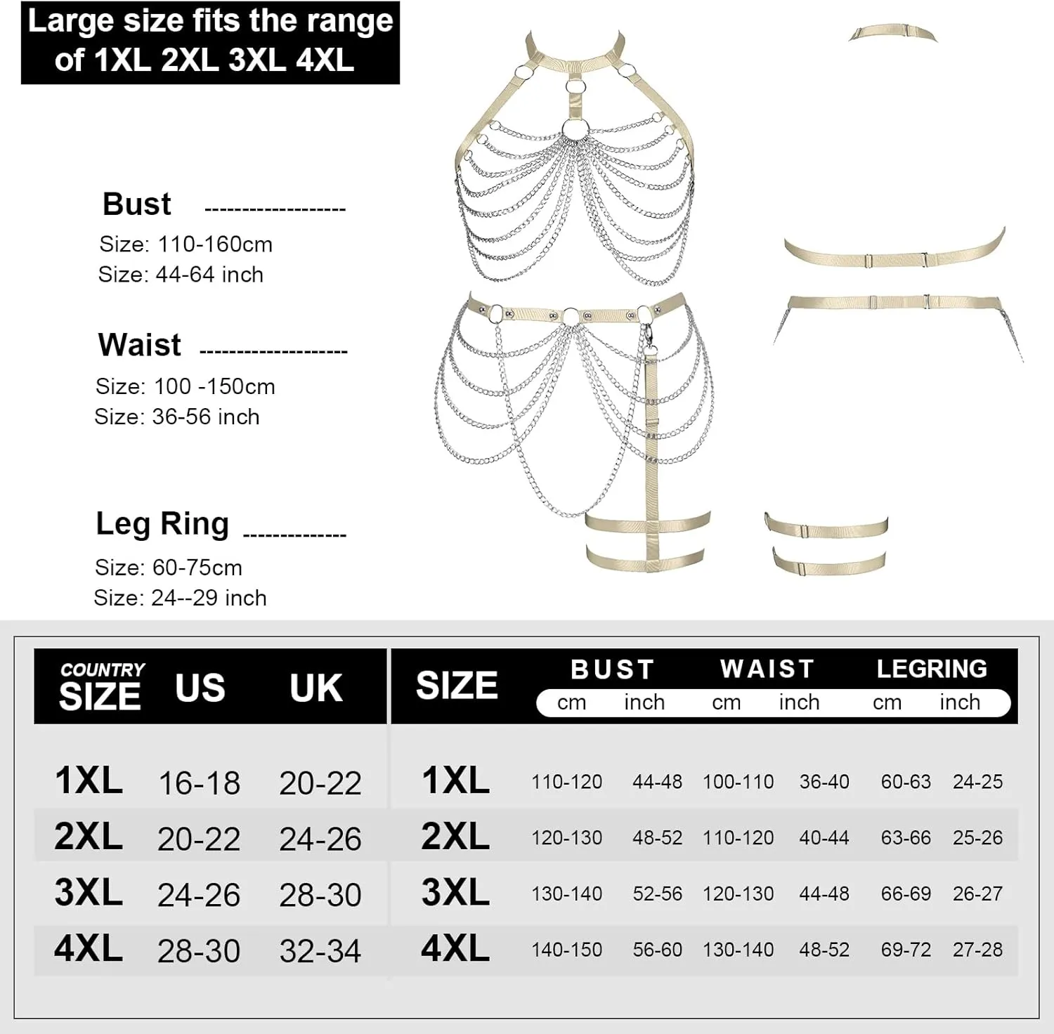 Women's Body Harness Bra Plus Size Cage Metal Chain Bra Stockings Fashion Garter Set Punk Gothic Carnival Dance Costume