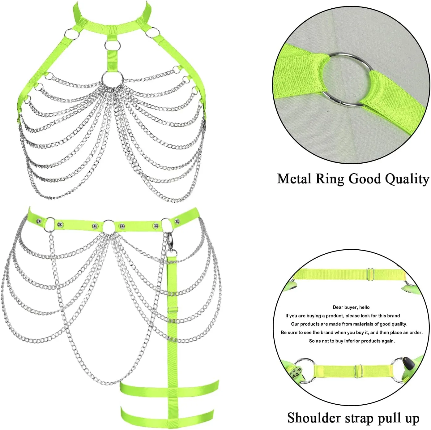 Women's Body Harness Bra Plus Size Cage Metal Chain Bra Stockings Fashion Garter Set Punk Gothic Carnival Dance Costume